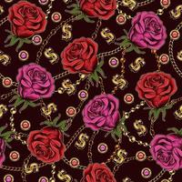 modello senza cuciture con rose vintage rosse e magenta, catene metalliche, simbolo del dollaro, strass su sfondo scuro. illustrazione vettoriale. vettore