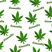 foglie e scritte di erbe di cannabis senza cuciture. sfondo strutturato di droghe, marijuana e logo. vettore