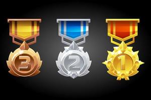 le medaglie classificate sono argento, bronzo e oro per il gioco. insieme vettoriale di diversi premi per i vincitori.