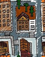 modello senza cuciture della città disegnata a mano. carta da parati carina mappa della città. elementi della città - case, edifici, alberi, strade. stile scarabocchio. design per tessuto, stampa tessile, confezionamento, copertina. illustrazione vettoriale