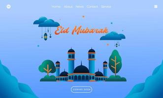 concetto di saluto eid mubarak con illustrazione della moschea per modello di pagina di destinazione web, banner, presentazione, social e supporti di stampa. illustrazione vettoriale di design piatto islamico eid fitr o adha