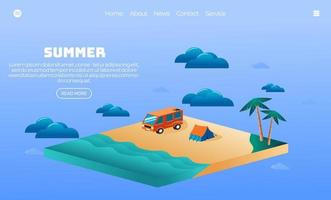 illustrazione grafica vettoriale del concetto di vacanza estiva, campeggio sulla spiaggia.stile isometrico. perfetto per landing page web, banner per le vacanze, poster per le vacanze.ecc