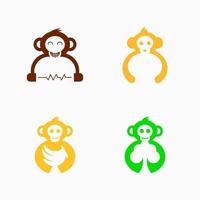 set di concetto di logo scimmia. combinazione con auricolare, banana e albero. spazio semplice, minimalista, negativo, moderno, lineare e pulito. adatto per logo, icona, simbolo e segno vettore