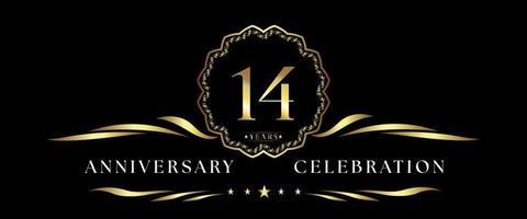 Celebrazione dell'anniversario di 14 anni con cornice decorativa dorata isolata su sfondo nero. disegno vettoriale per biglietto di auguri, festa di compleanno, matrimonio, festa evento, cerimonia. Logo dell'anniversario di 14 anni.