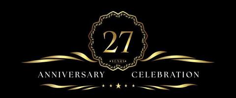 Celebrazione dell'anniversario di 27 anni con cornice decorativa dorata isolata su sfondo nero. disegno vettoriale per biglietto di auguri, festa di compleanno, matrimonio, festa evento, cerimonia. Logo dell'anniversario di 27 anni.