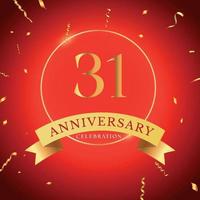 Celebrazione dell'anniversario di 31 anni con cornice dorata e coriandoli dorati isolati su sfondo rosso. disegno vettoriale per biglietto di auguri, festa di compleanno, matrimonio, festa di eventi. Logo dell'anniversario di 31 anni.