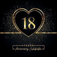 Celebrazione dell'anniversario di 18 anni con cuore d'oro e glitter dorati su sfondo nero. disegno vettoriale per auguri, feste di compleanno, matrimoni, feste di eventi. Logo dell'anniversario di 18 anni