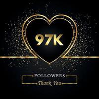 grazie 97k o 97 mila follower con cuore e glitter dorati isolati su sfondo nero. modello di biglietto di auguri per amici e follower dei social network. grazie, seguaci, realizzazione. vettore