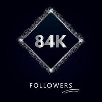 84k o 84 mila follower con cornice e glitter argento isolati su sfondo blu scuro. modello di biglietto di auguri per amici e follower dei social network. grazie, seguaci, realizzazione. vettore