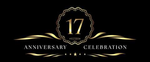Celebrazione dell'anniversario di 17 anni con cornice decorativa dorata isolata su sfondo nero. disegno vettoriale per biglietto di auguri, festa di compleanno, matrimonio, festa evento, cerimonia. Logo dell'anniversario di 17 anni.