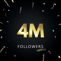 4m o 4 milioni di follower con coriandoli dorati isolati su sfondo nero. modello di biglietto di auguri per amici e follower dei social network. grazie, seguaci, realizzazione. vettore