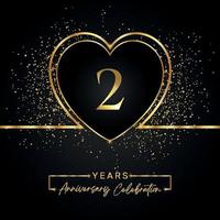 Celebrazione dell'anniversario di 2 anni con cuore d'oro e glitter dorati su sfondo nero. disegno vettoriale per auguri, feste di compleanno, matrimoni, feste di eventi. Logo dell'anniversario di 2 anni