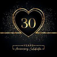 Celebrazione dell'anniversario di 30 anni con cuore d'oro e glitter dorati su sfondo nero. disegno vettoriale per auguri, feste di compleanno, matrimoni, feste di eventi. Logo dell'anniversario di 30 anni