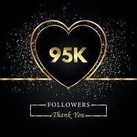 grazie 95k o 95 mila follower con cuore e glitter dorati isolati su sfondo nero. modello di biglietto di auguri per amici e follower dei social network. grazie, seguaci, realizzazione. vettore