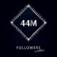 44m con glitter argento isolato su sfondo blu navy. modello di biglietto di auguri per i social network Mi piace, abbonati, festeggiamenti, amici e follower. 44 milioni di follower vettore