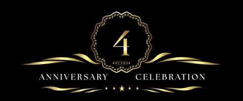 Celebrazione dell'anniversario di 4 anni con cornice decorativa dorata isolata su sfondo nero. disegno vettoriale per biglietto di auguri, festa di compleanno, matrimonio, festa evento, cerimonia. Logo dell'anniversario di 4 anni.