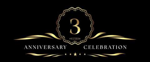 Celebrazione dell'anniversario di 3 anni con cornice decorativa dorata isolata su sfondo nero. disegno vettoriale per biglietto di auguri, festa di compleanno, matrimonio, festa evento, cerimonia. Logo dell'anniversario di 3 anni.