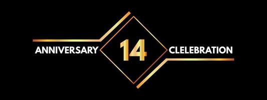 Celebrazione dell'anniversario di 14 anni con cornice dorata isolata su sfondo nero. disegno vettoriale per biglietto di auguri, festa di compleanno, matrimonio, festa evento, invito, cerimonia. Logo dell'anniversario di 14 anni.