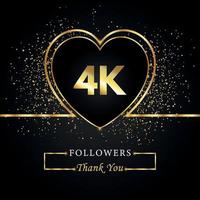 grazie 4k o 4 mila follower con cuore e glitter dorati isolati su sfondo nero. modello di biglietto di auguri per amici e follower dei social network. grazie, seguaci, realizzazione. vettore