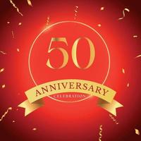 Celebrazione dell'anniversario di 50 anni con cornice dorata e coriandoli dorati isolati su sfondo rosso. disegno vettoriale per biglietto di auguri, festa di compleanno, matrimonio, festa di eventi. Logo dell'anniversario di 50 anni.