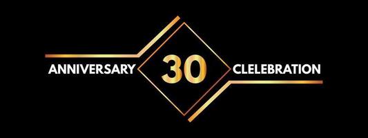 Celebrazione dell'anniversario di 30 anni con cornice dorata isolata su sfondo nero. disegno vettoriale per biglietto di auguri, festa di compleanno, matrimonio, festa evento, invito, cerimonia. Logo dell'anniversario di 30 anni.