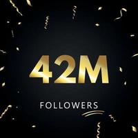 42m o 42 milioni di follower con coriandoli dorati isolati su sfondo nero. modello di biglietto di auguri per amici e follower dei social network. grazie, seguaci, realizzazione. vettore