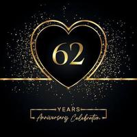 Celebrazione dell'anniversario di 62 anni con cuore d'oro e glitter dorati su sfondo nero. disegno vettoriale per auguri, feste di compleanno, matrimoni, feste di eventi. Logo dell'anniversario di 62 anni