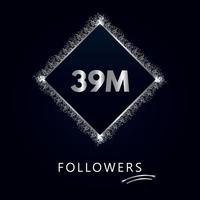 39m con glitter argento isolato su sfondo blu navy. modello di biglietto di auguri per i social network Mi piace, abbonati, festeggiamenti, amici e follower. 39 milioni di follower vettore