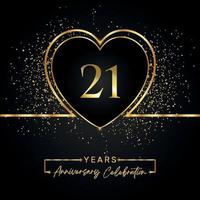 Celebrazione dell'anniversario di 21 anni con cuore d'oro e glitter dorati su sfondo nero. disegno vettoriale per auguri, feste di compleanno, matrimoni, feste di eventi. Logo dell'anniversario di 21 anni