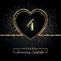 Celebrazione dell'anniversario di 4 anni con cuore d'oro e glitter dorati su sfondo nero. disegno vettoriale per auguri, feste di compleanno, matrimoni, feste di eventi. Logo dell'anniversario di 4 anni