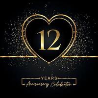 Celebrazione dell'anniversario di 12 anni con cuore d'oro e glitter dorati su sfondo nero. disegno vettoriale per auguri, feste di compleanno, matrimoni, feste di eventi. Logo dell'anniversario di 12 anni