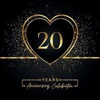 Celebrazione dell'anniversario di 20 anni con cuore d'oro e glitter dorati su sfondo nero. disegno vettoriale per auguri, feste di compleanno, matrimoni, feste di eventi. Logo dell'anniversario di 20 anni