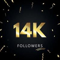 14k o 14 mila follower con coriandoli d'oro isolati su sfondo nero. modello di biglietto di auguri per amici e follower dei social network. grazie, seguaci, realizzazione. vettore