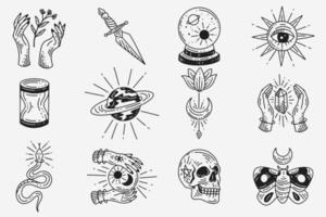 set collezione mistico celeste scuro santo semplice minimalismo tatuaggio clipart simbolo spazio doodle esoterico elementi vintage illustrazione vettore