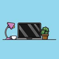 laptop con pianta e lampada fumetto icona vettore illustrazione. tecnologia oggetto icona concetto isolato premium vettore