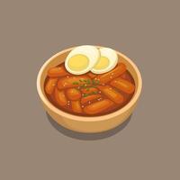 lo tteokbokki o la torta di riso bollita è cibo di strada popolare coreano in una ciotola con il vettore dell'illustrazione del fumetto della guarnizione dell'uovo