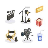 movie maker, set di icone di simboli dell'industria cinematografica illustrazione isometrica vettore