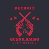 pistole detroit e segno di munizioni, emblema con due revolver, rosso su scuro, illustrazione vettoriale