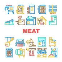 set di icone di attrezzature per la produzione di carne in fabbrica vettore