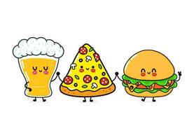 carino, divertente bicchiere di birra, pizza e hamburger. personaggi kawaii del fumetto disegnato a mano di vettore, icona dell'illustrazione. divertente cartone animato bicchiere di birra, pizza e hamburger mascotte amici concetto vettore