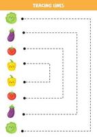 linee di tracciamento per bambini. verdure simpatico cartone animato. Pratica di scrittura. vettore