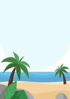 illustrazione del paesaggio sfondo spiaggia pacifica con mare blu e cielo sereno, alberi di cocco e faro adatto per design estivo, vacanze, decorazioni e altro ancora vettore