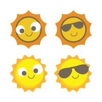 bellissimo adesivo solare dalla forma rotonda e dal colore giallo. sole carino con una faccia sorridente e occhiali da sole fantastici. raggio di sole che esce dal disegno vettoriale del sole. collezione di adesivi per social media vettoriali sole.