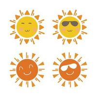 simpatico adesivo sole dalla forma rotonda e di colore giallo e rosso. sole carino con viso sorridente e occhiali da sole alla moda. raggio di sole che esce dal disegno vettoriale del sole. collezione di adesivi per social media vettoriali sole.