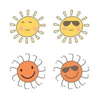 adesivo solare di forma rotonda e di colore rosso arancio. sole carino con viso sorridente e occhiali da sole alla moda. raggio di sole che esce dal disegno vettoriale del sole. collezione di adesivi per social media vettoriali sole.