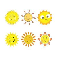 adesivo solare di forma rotonda e di colore giallo. sole carino con viso sorridente e occhi freddi. raggio di sole che esce dal disegno vettoriale del sole. Collezione di adesivi per social media vettoriali 6 sole.