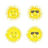 adesivo solare di forma rotonda e di colore giallo. sole carino con viso sorridente e occhiali da sole alla moda. raggio di sole che esce dal disegno vettoriale del sole per i social media. collezione di adesivi per social media vettoriali sole.