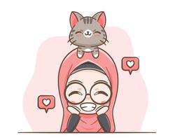 carino una ragazza musulmana e un fumetto illustrazione gatto vettore