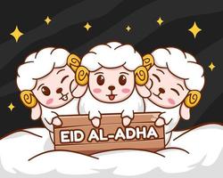 eid al adha mubarak con un simpatico cartone animato di pecore vettore