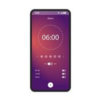 modello vettoriale dell'interfaccia dello smartphone dell'app sveglia. mobile alzati pagina dell'applicazione layout di design nero. interfaccia utente piatta gradiente per l'applicazione. schermata delle opzioni attivata, disattivata. impostazioni dell'ora di sveglia display del telefono